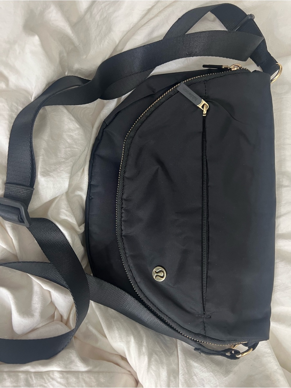 lululemon athletica Black Nylon Belt Bag with Gold Hardware
